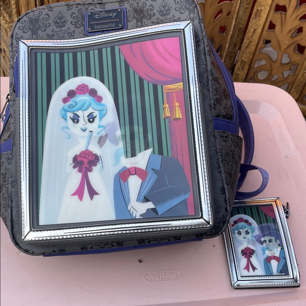 Loungefly Disney Haunted Mansion Backpack - Black, Blue, Pink. And wallet